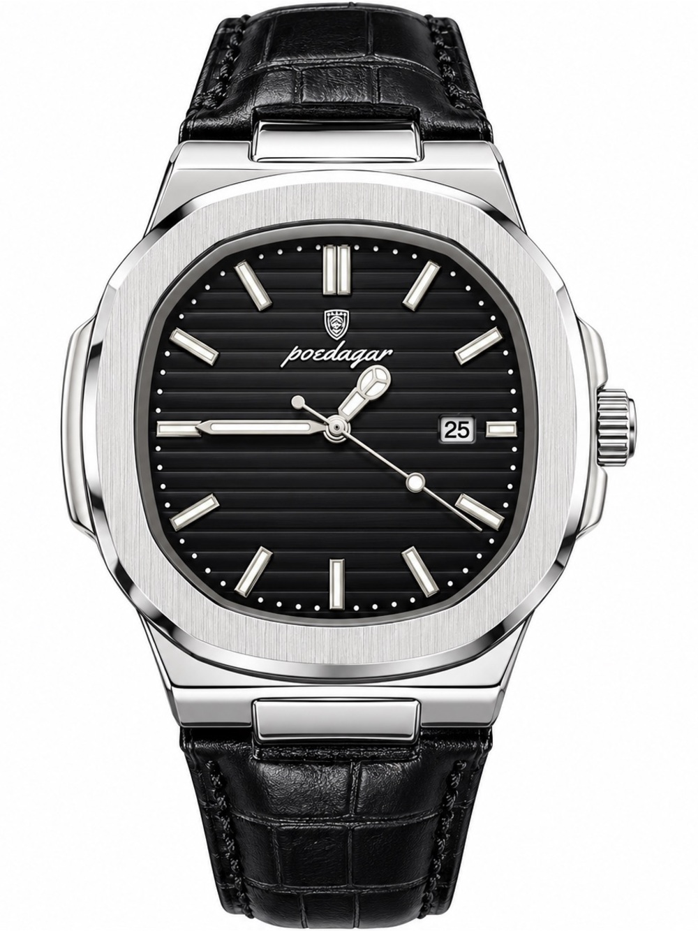 Nautilus Style Stainless Steel Watch - Black Dial with strap